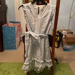 Ruffled white and blue striped dress, linen sz M